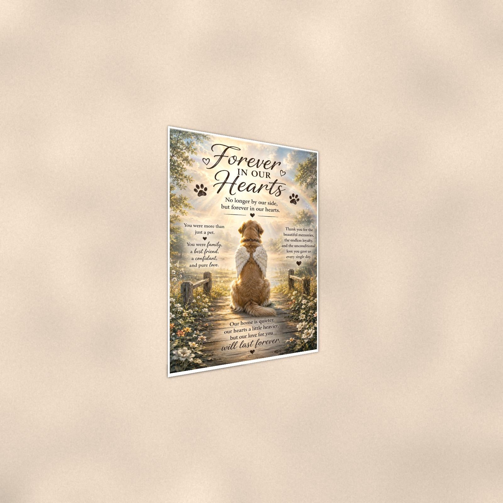 Golden retriever with angel wings memorial art titled "Forever In Our Hearts" on a 24x36 inch luster poster print with a clean white border, shown at a gentle angle from the other side