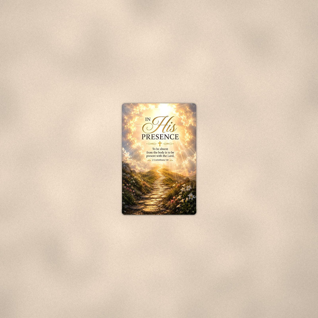 Sunlit stone path rising into radiant clouds memorial art titled "In His Presence" on a 8x12 inch sublimated aluminum sign with rounded corners and mounting holes, seen from farther back, small on a softly lit wall