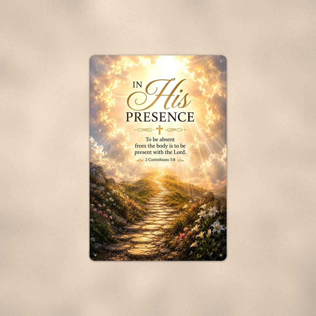 Sunlit stone path rising into radiant clouds memorial art titled "In His Presence" on a 8x12 inch sublimated aluminum sign with rounded corners and mounting holes, shown straight on against a second warm wall tone