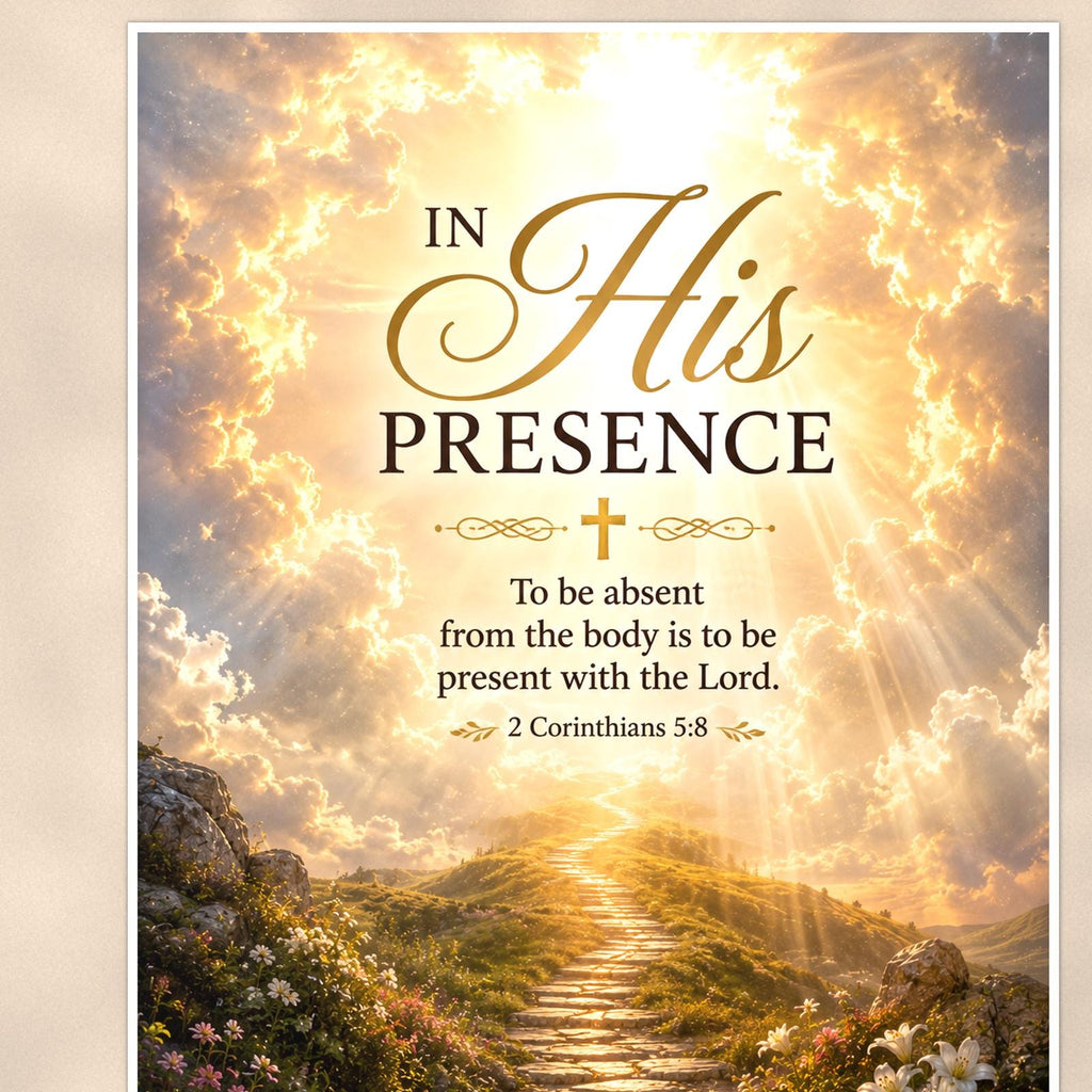 Sunlit stone path rising into radiant clouds memorial art titled "In His Presence" on a 24x36 inch luster poster print with a clean white border, close-up detail of the print filling the frame