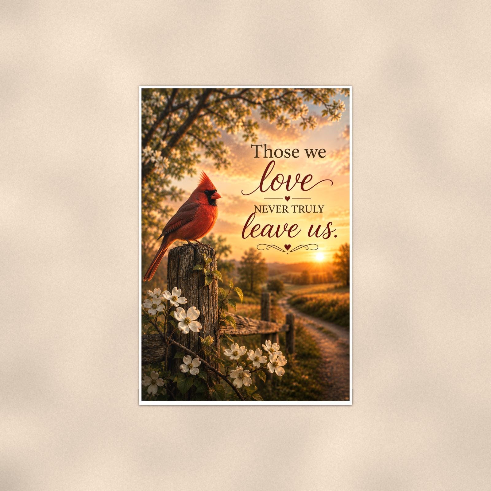 Red cardinal on a blossoming fence post memorial art titled "Those we love never truly leave us" on a 24x36 inch luster poster print with a clean white border, shown straight on against a warm neutral wall