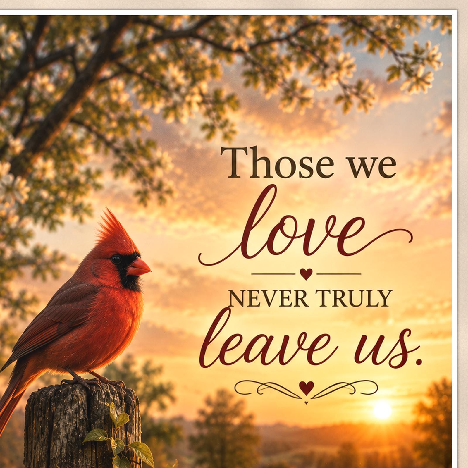 Red cardinal on a blossoming fence post memorial art titled "Those we love never truly leave us" on a 24x36 inch luster poster print with a clean white border, close-up detail of the print filling the frame
