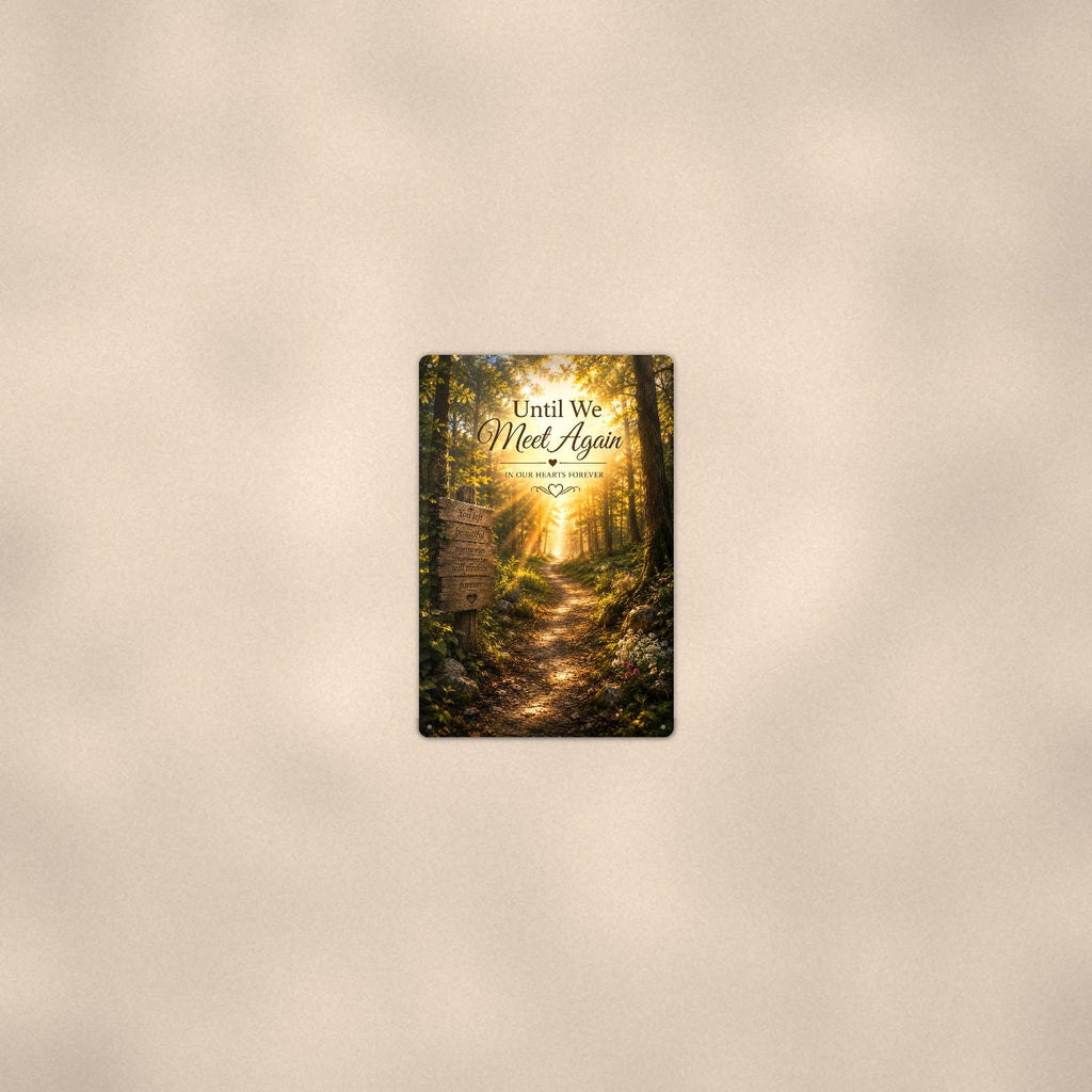Sunlit forest path with a rustic memory sign memorial art titled "Until We Meet Again - In Our Hearts Forever" on a 8x12 inch sublimated aluminum sign with rounded corners and mounting holes, seen from farther back, small on a softly lit wall