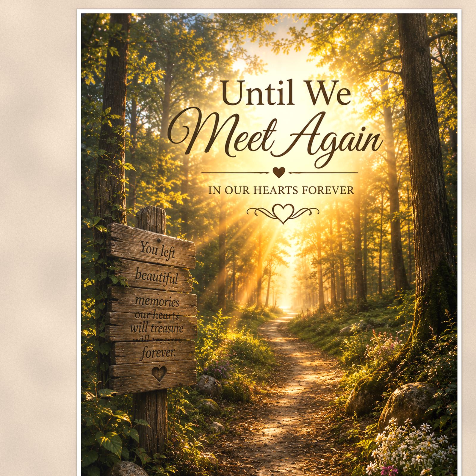 Sunlit forest path with a rustic memory sign memorial art titled "Until We Meet Again - In Our Hearts Forever" on a 24x36 inch luster poster print with a clean white border, close-up detail of the print filling the frame