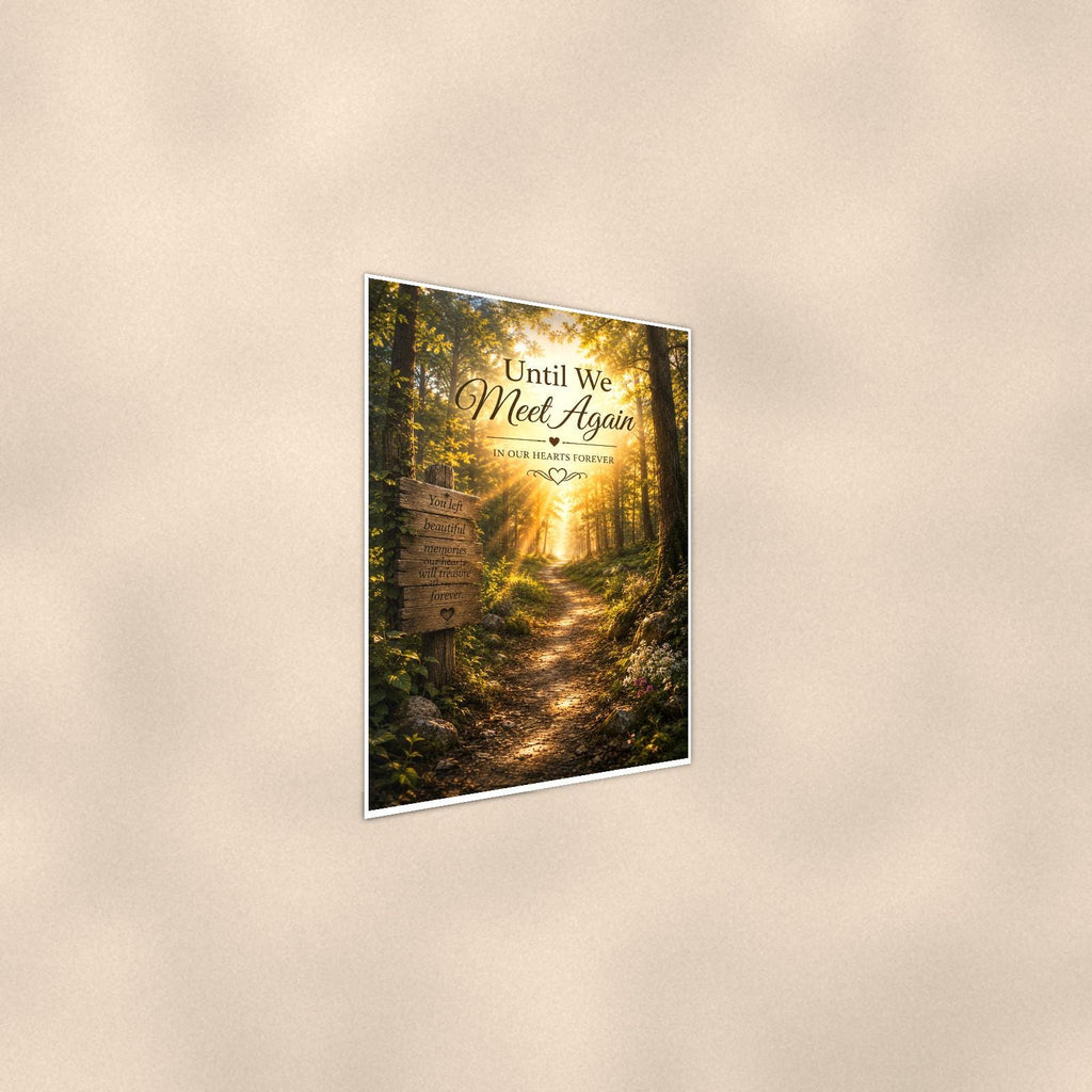 Sunlit forest path with a rustic memory sign memorial art titled "Until We Meet Again - In Our Hearts Forever" on a 24x36 inch luster poster print with a clean white border, shown at a gentle angle from the other side