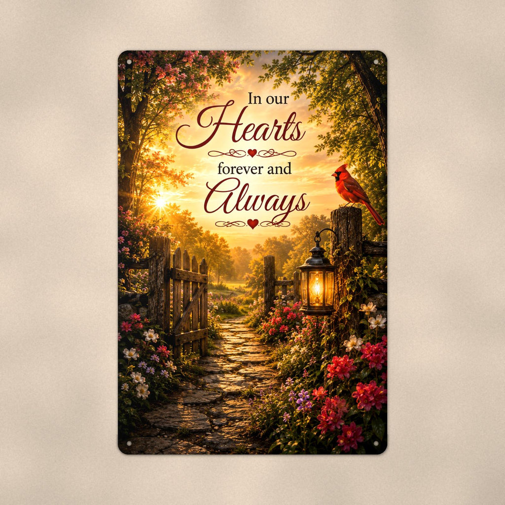 Cardinal at the garden gate with a lantern memorial art titled "In our Hearts forever and Always" on a 8x12 inch sublimated aluminum sign with rounded corners and mounting holes, close-up view filling the frame, showing the smooth sublimated print su