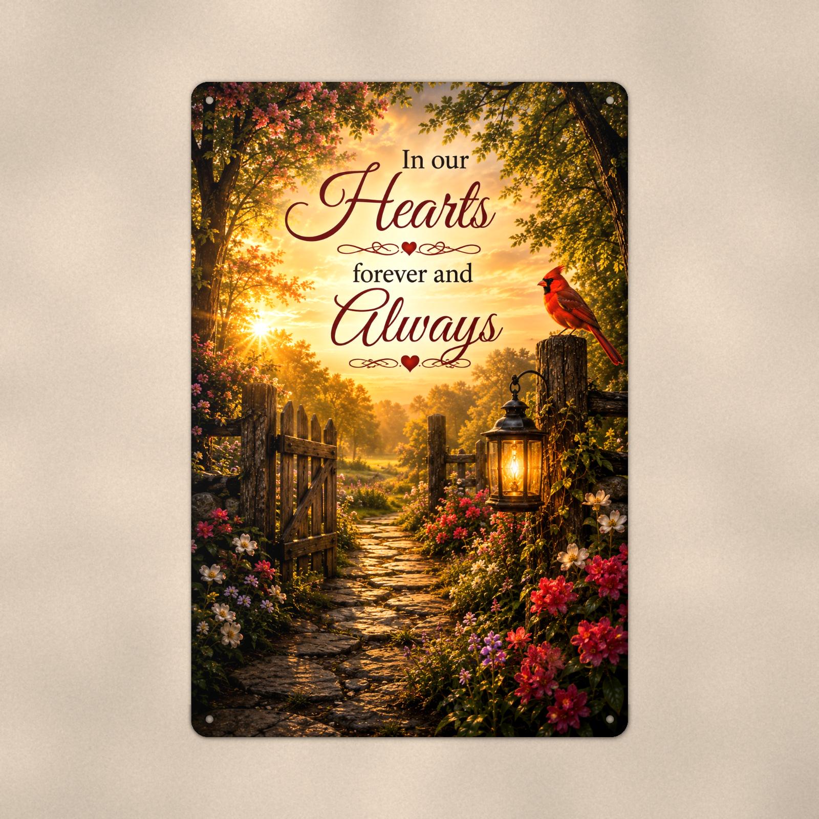 Cardinal at the garden gate with a lantern memorial art titled "In our Hearts forever and Always" on a 8x12 inch sublimated aluminum sign with rounded corners and mounting holes, close-up view filling the frame, showing the smooth sublimated print su