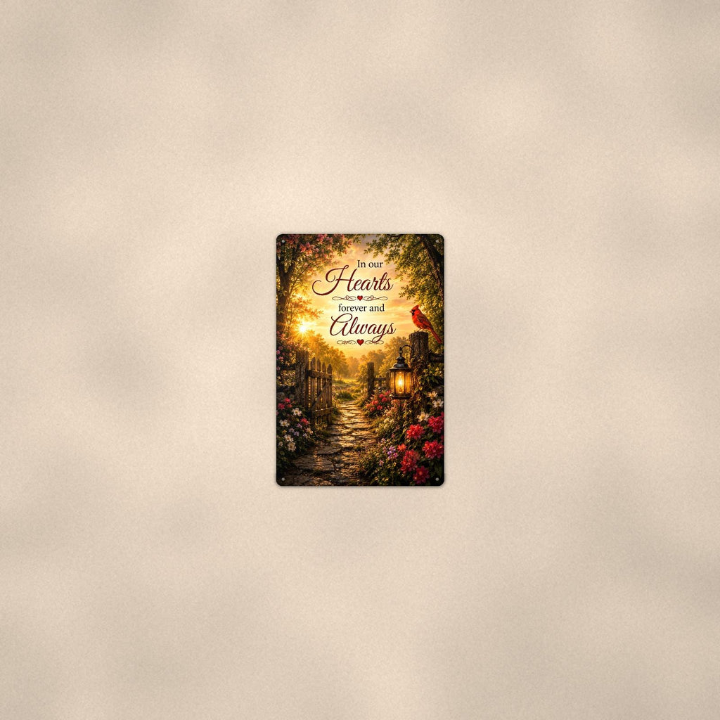 Cardinal at the garden gate with a lantern memorial art titled "In our Hearts forever and Always" on a 8x12 inch sublimated aluminum sign with rounded corners and mounting holes, seen from farther back, small on a softly lit wall