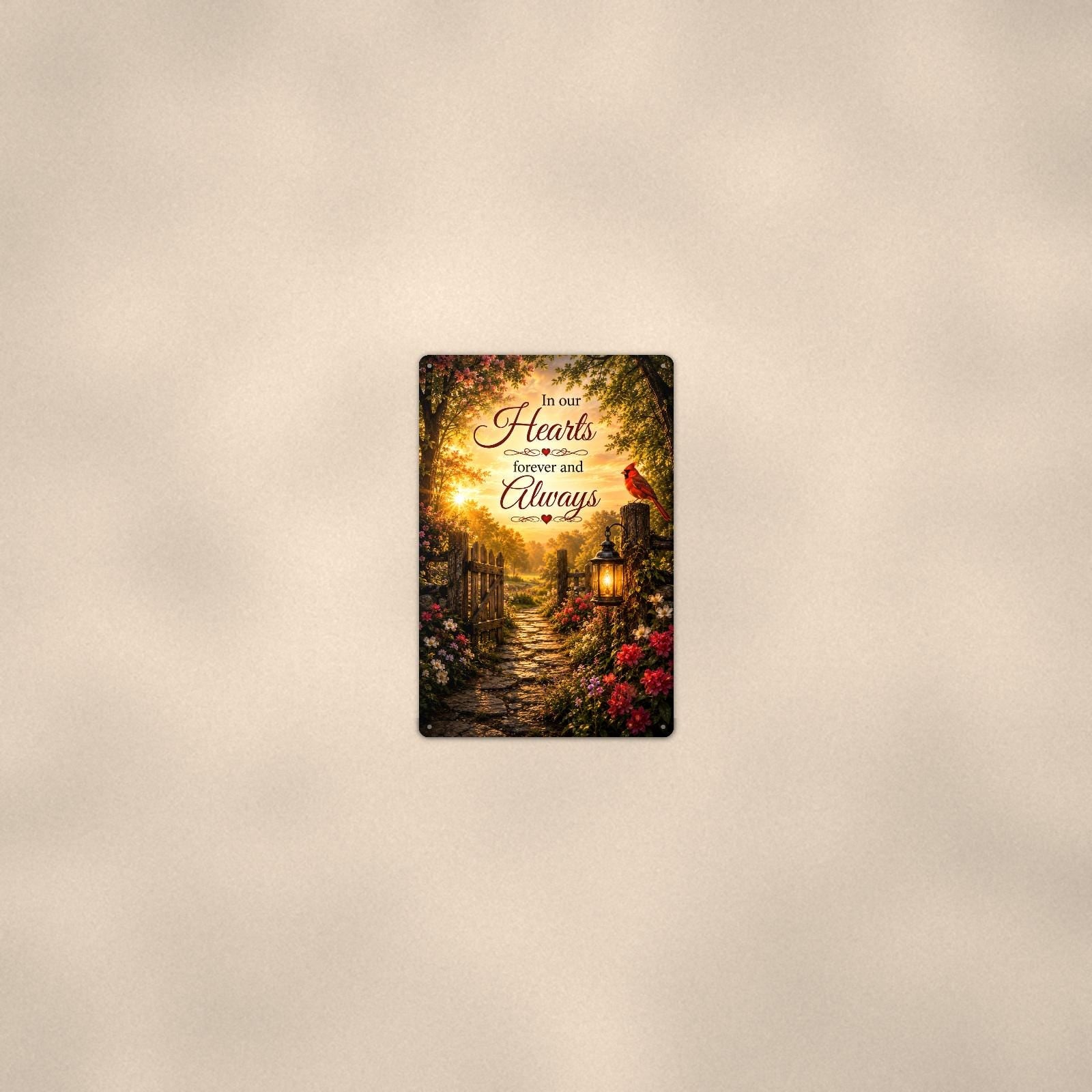 Cardinal at the garden gate with a lantern memorial art titled "In our Hearts forever and Always" on a 8x12 inch sublimated aluminum sign with rounded corners and mounting holes, seen from farther back, small on a softly lit wall
