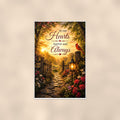 Cardinal at the garden gate with a lantern memorial art titled "In our Hearts forever and Always" on a 24x36 inch luster poster print with a clean white border, shown straight on against a warm neutral wall