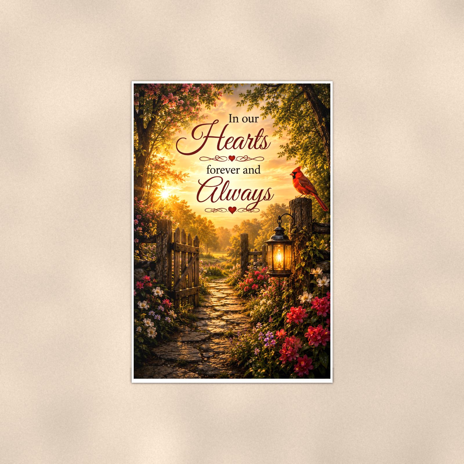 Cardinal at the garden gate with a lantern memorial art titled "In our Hearts forever and Always" on a 24x36 inch luster poster print with a clean white border, shown straight on against a warm neutral wall