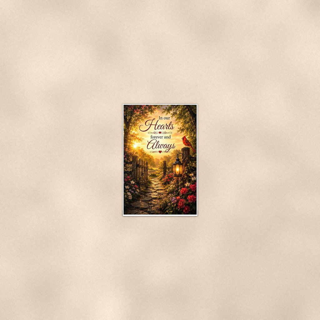 Cardinal at the garden gate with a lantern memorial art titled "In our Hearts forever and Always" on a 24x36 inch luster poster print with a clean white border, seen from farther back, small on a softly lit wall