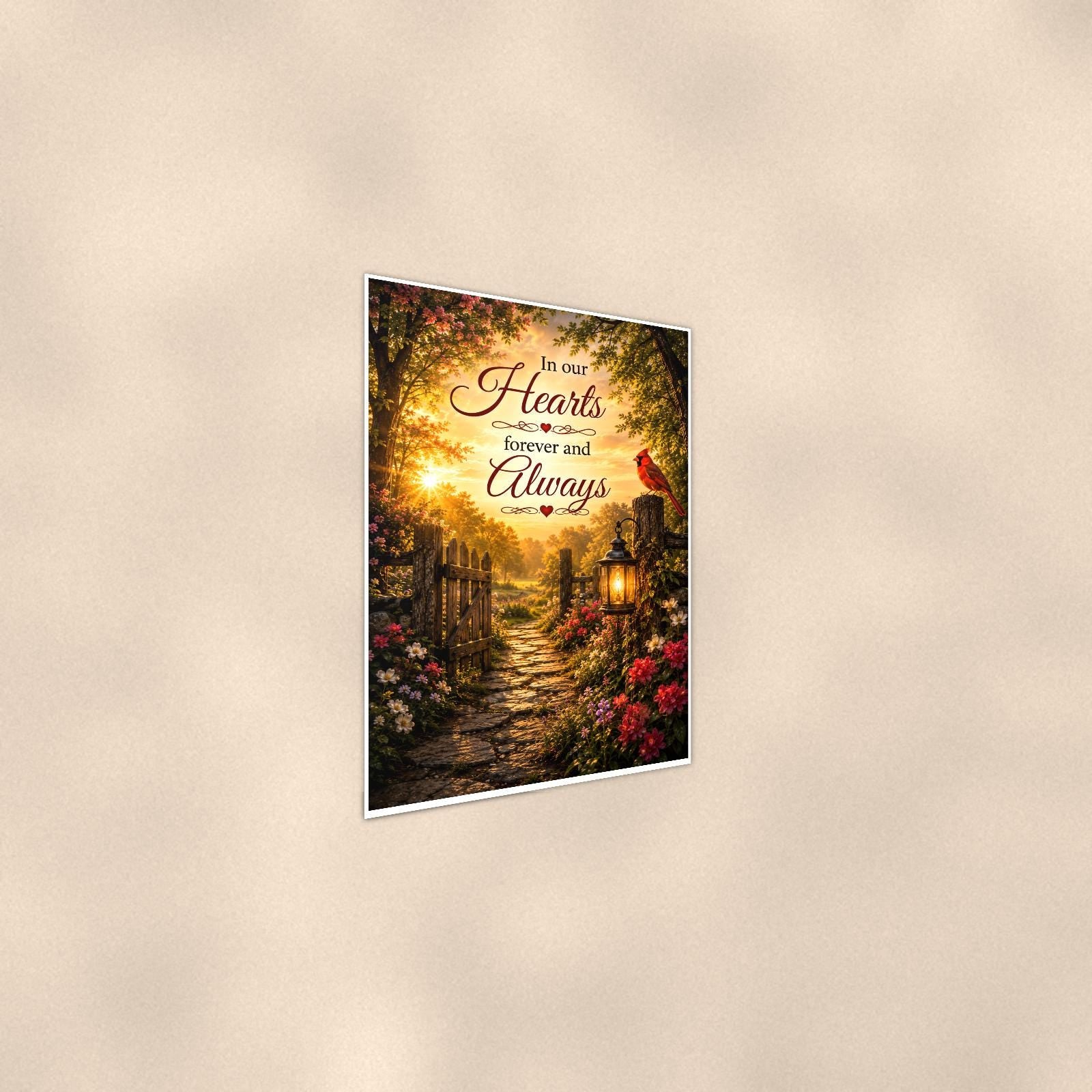 Cardinal at the garden gate with a lantern memorial art titled "In our Hearts forever and Always" on a 24x36 inch luster poster print with a clean white border, shown at a gentle angle from the other side