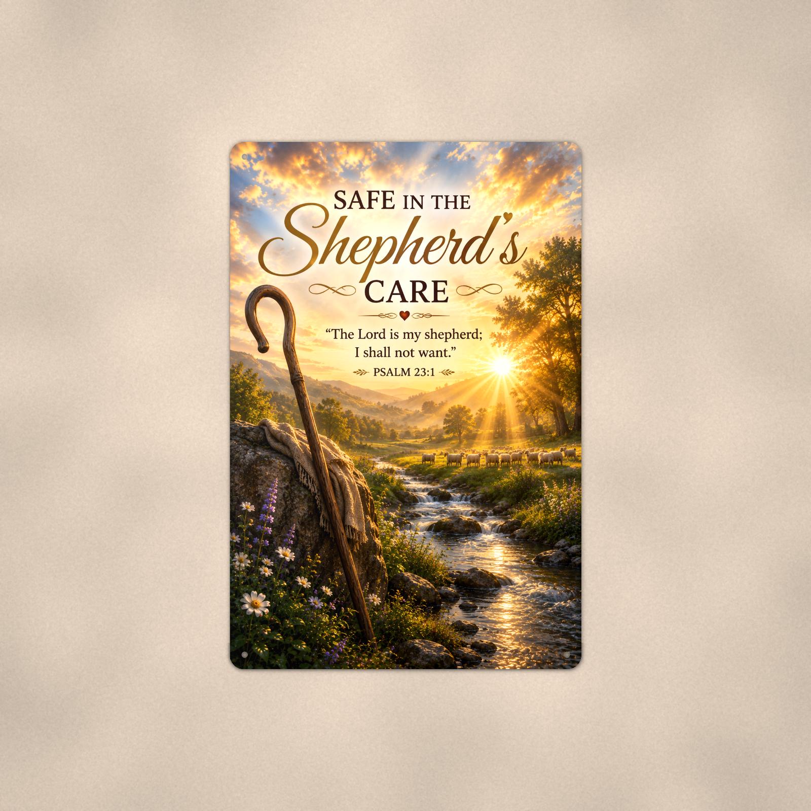 Shepherd's crook watching over a peaceful flock memorial art titled "Safe in the Shepherd's Care" on a 8x12 inch sublimated aluminum sign with rounded corners and mounting holes, shown straight on against a warm neutral wall