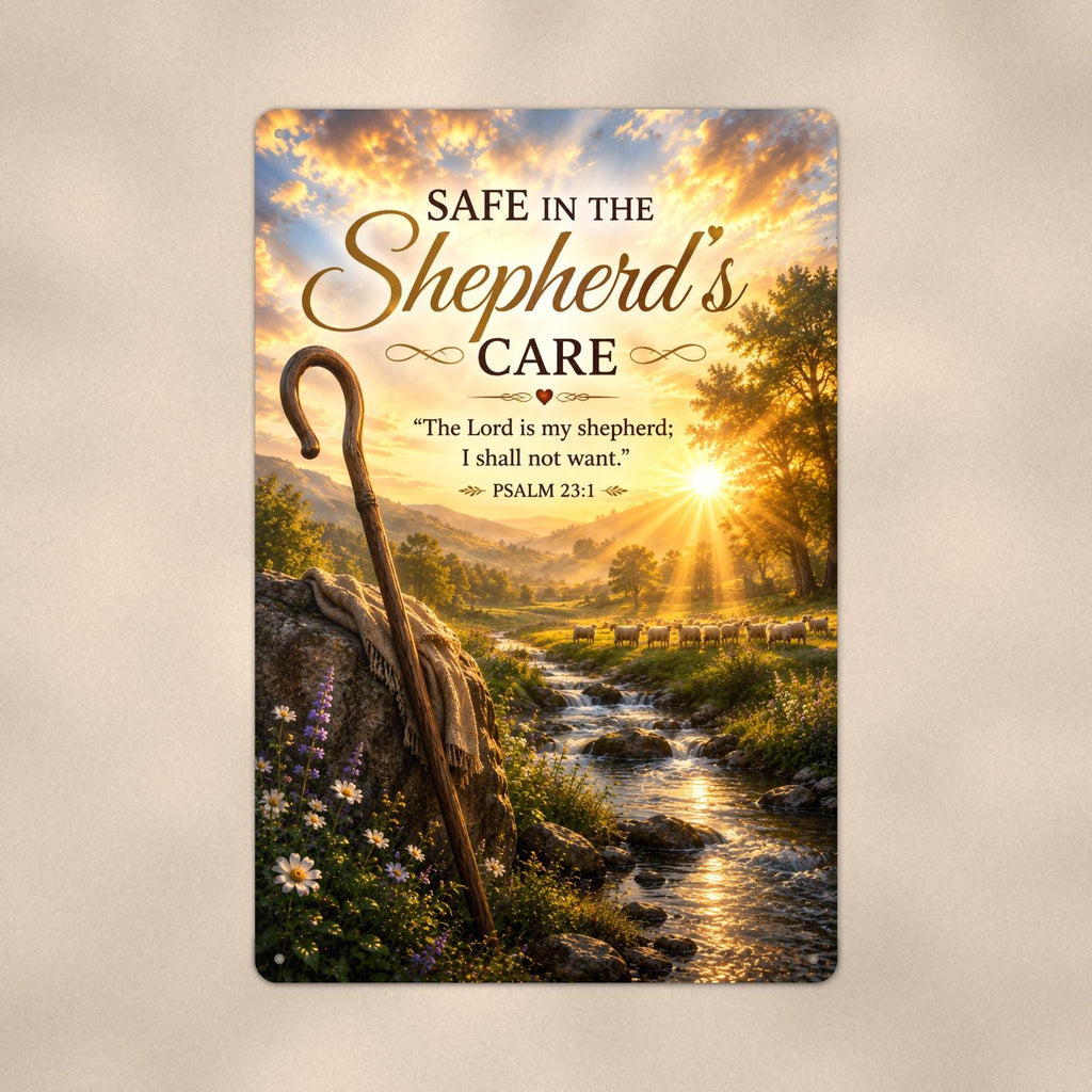 Shepherd's crook watching over a peaceful flock memorial art titled "Safe in the Shepherd's Care" on a 8x12 inch sublimated aluminum sign with rounded corners and mounting holes, close-up view filling the frame, showing the smooth sublimated print su