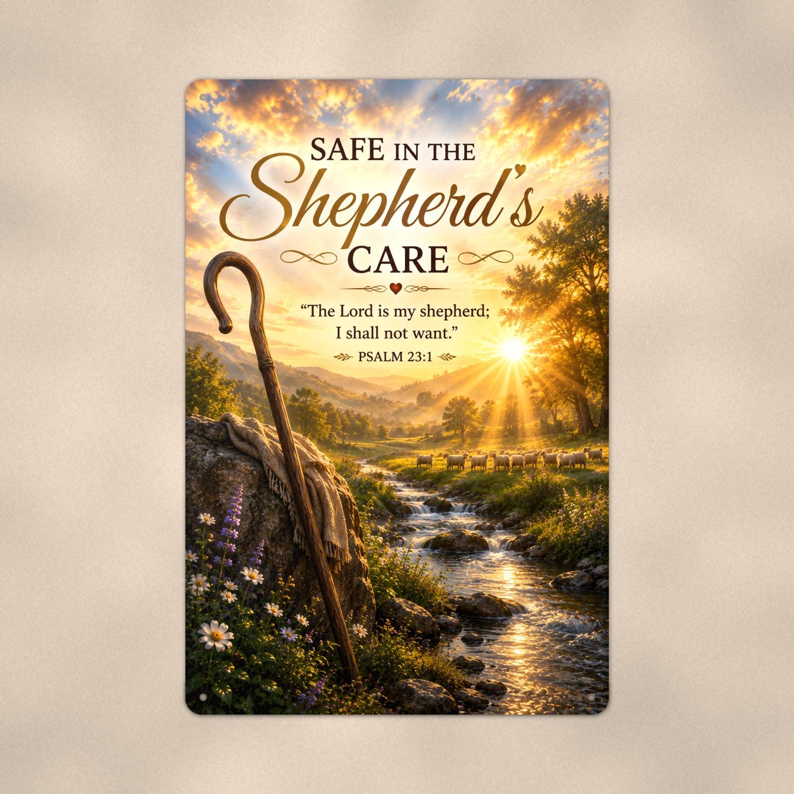 Shepherd's crook watching over a peaceful flock memorial art titled "Safe in the Shepherd's Care" on a 8x12 inch sublimated aluminum sign with rounded corners and mounting holes, close-up view filling the frame, showing the smooth sublimated print su