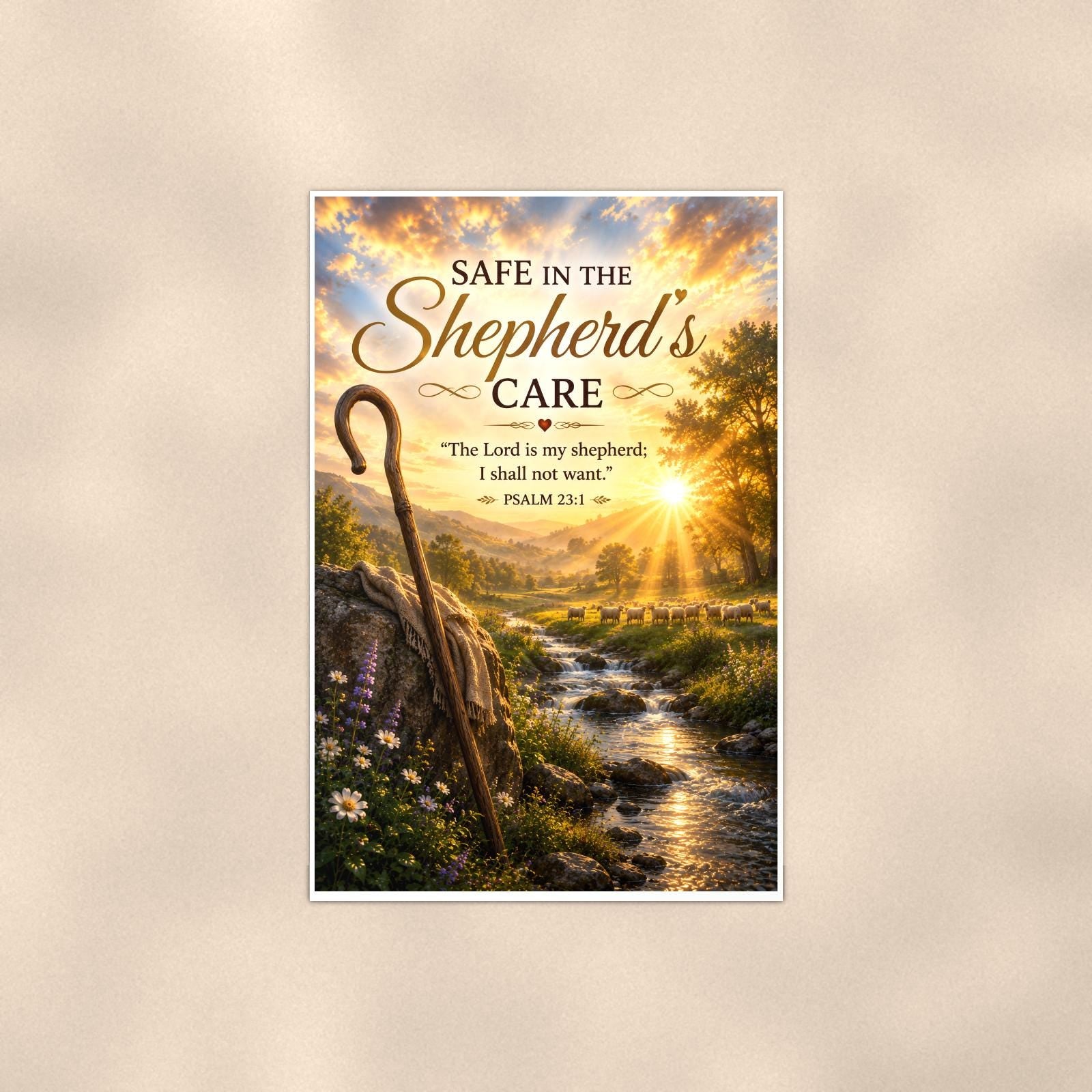 Shepherd's crook watching over a peaceful flock memorial art titled "Safe in the Shepherd's Care" on a 24x36 inch luster poster print with a clean white border, shown straight on against a warm neutral wall