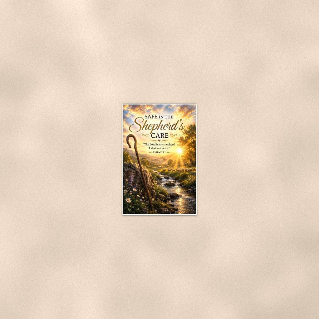 Shepherd's crook watching over a peaceful flock memorial art titled "Safe in the Shepherd's Care" on a 24x36 inch luster poster print with a clean white border, seen from farther back, small on a softly lit wall