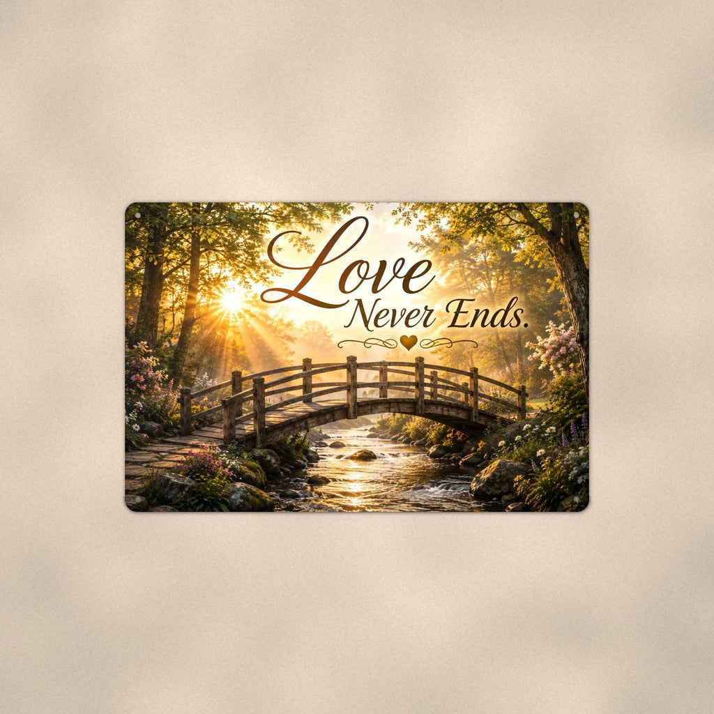 Wooden footbridge at sunrise memorial art titled "Love Never Ends" on a 12x8 inch sublimated aluminum sign with rounded corners and mounting holes, shown straight on against a warm neutral wall