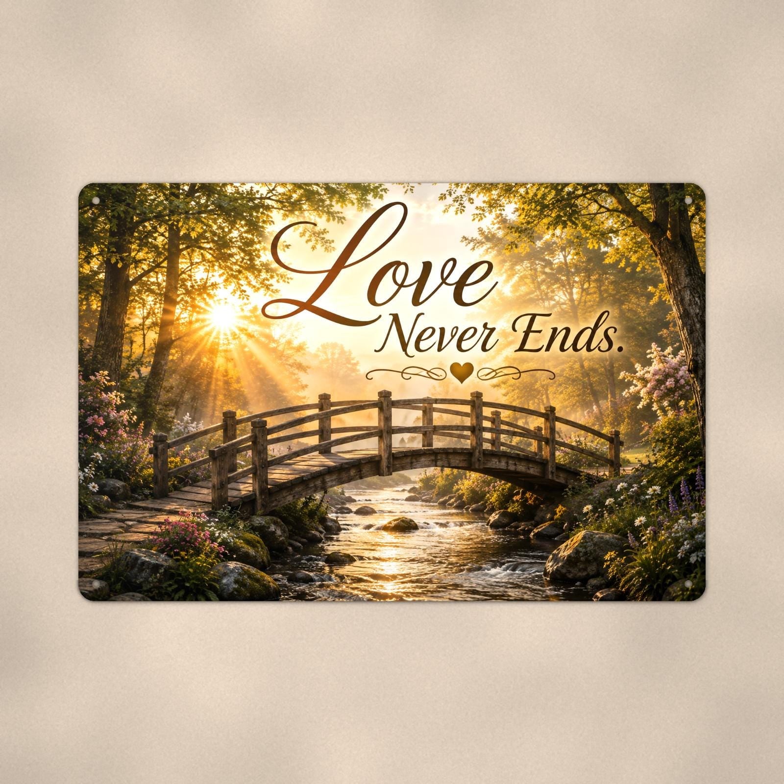 Wooden footbridge at sunrise memorial art titled "Love Never Ends" on a 12x8 inch sublimated aluminum sign with rounded corners and mounting holes, close-up view filling the frame, showing the smooth sublimated print surface