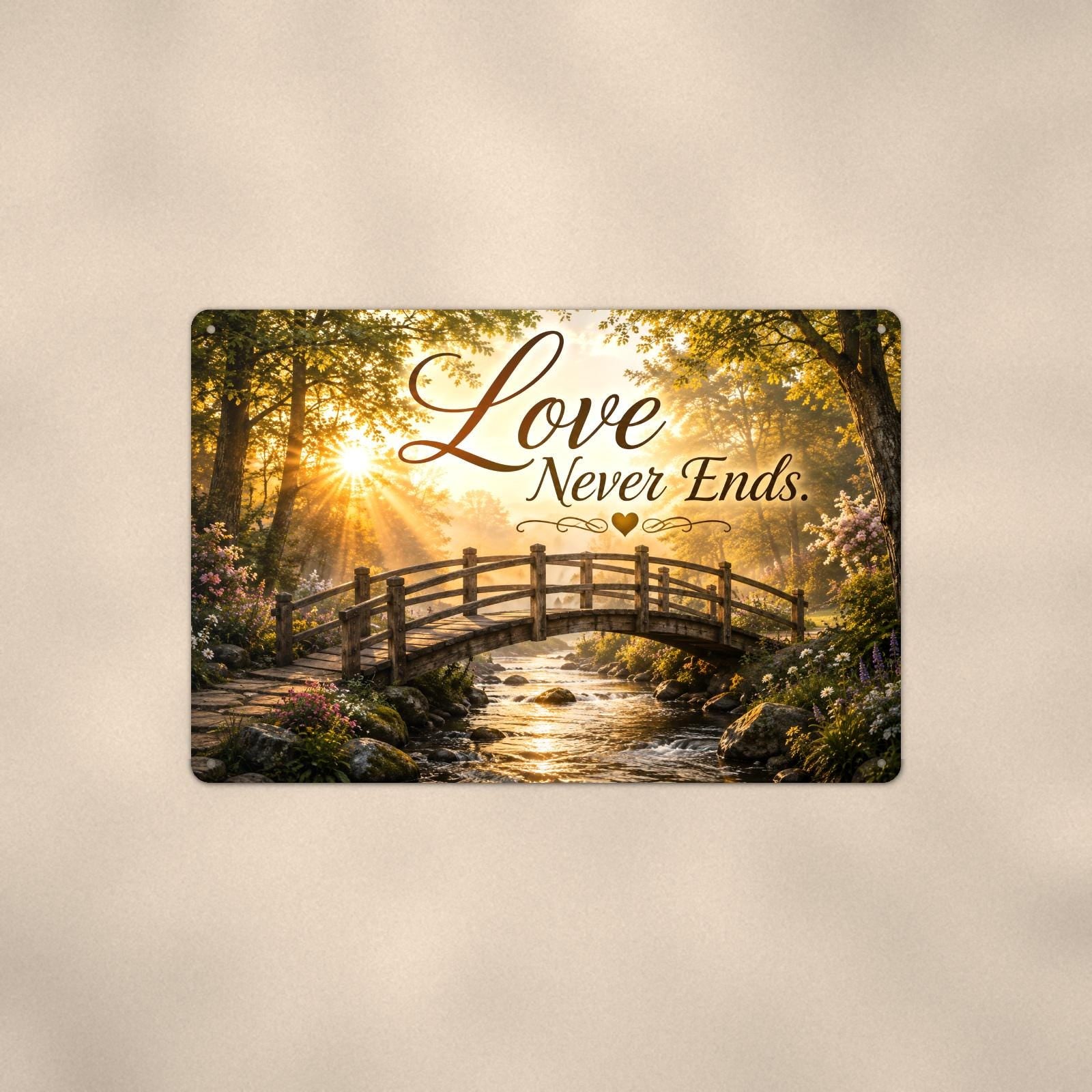 Wooden footbridge at sunrise memorial art titled "Love Never Ends" on a 12x8 inch sublimated aluminum sign with rounded corners and mounting holes, shown straight on against a second warm wall tone