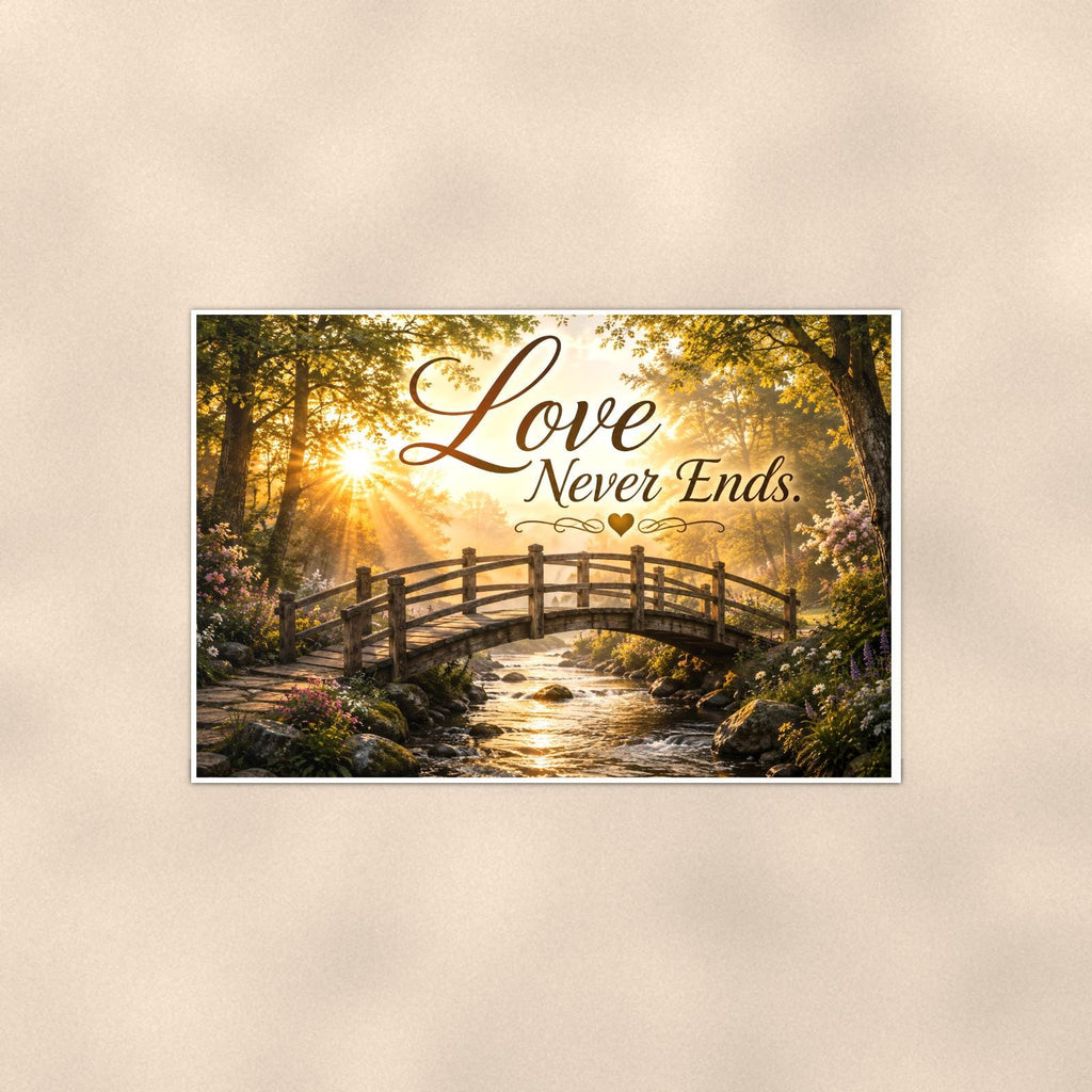 Wooden footbridge at sunrise memorial art titled "Love Never Ends" on a 36x24 inch luster poster print with a clean white border, shown straight on against a warm neutral wall