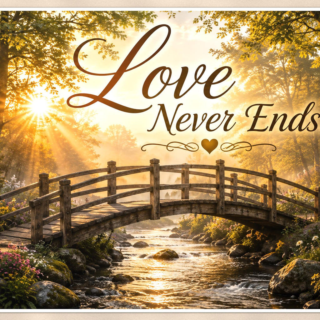 Wooden footbridge at sunrise memorial art titled "Love Never Ends" on a 36x24 inch luster poster print with a clean white border, close-up detail of the print filling the frame