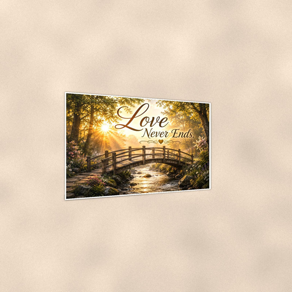 Wooden footbridge at sunrise memorial art titled "Love Never Ends" on a 36x24 inch luster poster print with a clean white border, shown at a three-quarter angle on the wall