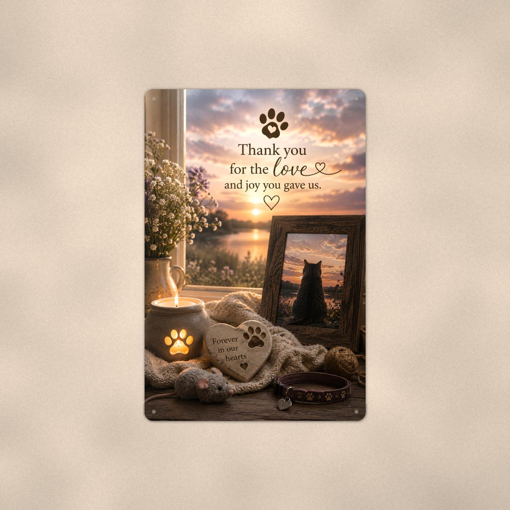 Cat memorial with framed sunset photo memorial art titled "Thank you for the love and joy you gave us" on a 8x12 inch sublimated aluminum sign with rounded corners and mounting holes, shown straight on against a warm neutral wall
