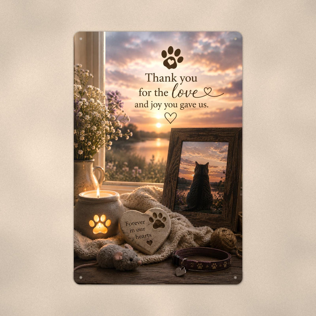 Cat memorial with framed sunset photo memorial art titled "Thank you for the love and joy you gave us" on a 8x12 inch sublimated aluminum sign with rounded corners and mounting holes, close-up view filling the frame, showing the smooth sublimated pri