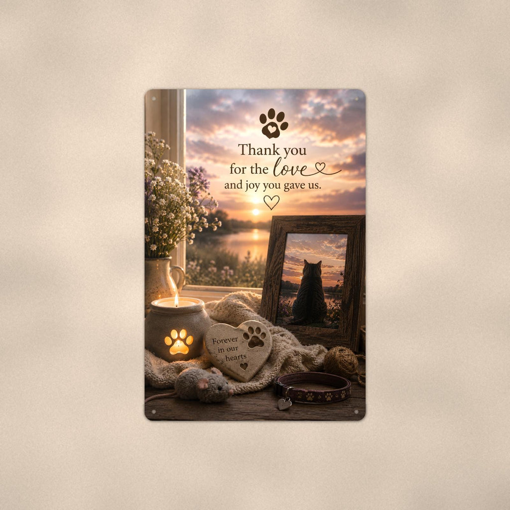 Cat memorial with framed sunset photo memorial art titled "Thank you for the love and joy you gave us" on a 8x12 inch sublimated aluminum sign with rounded corners and mounting holes, shown straight on against a second warm wall tone