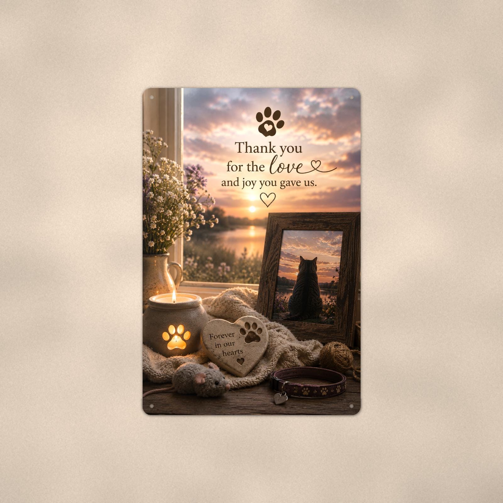 Cat memorial with framed sunset photo memorial art titled "Thank you for the love and joy you gave us" on a 8x12 inch sublimated aluminum sign with rounded corners and mounting holes, shown straight on against a second warm wall tone