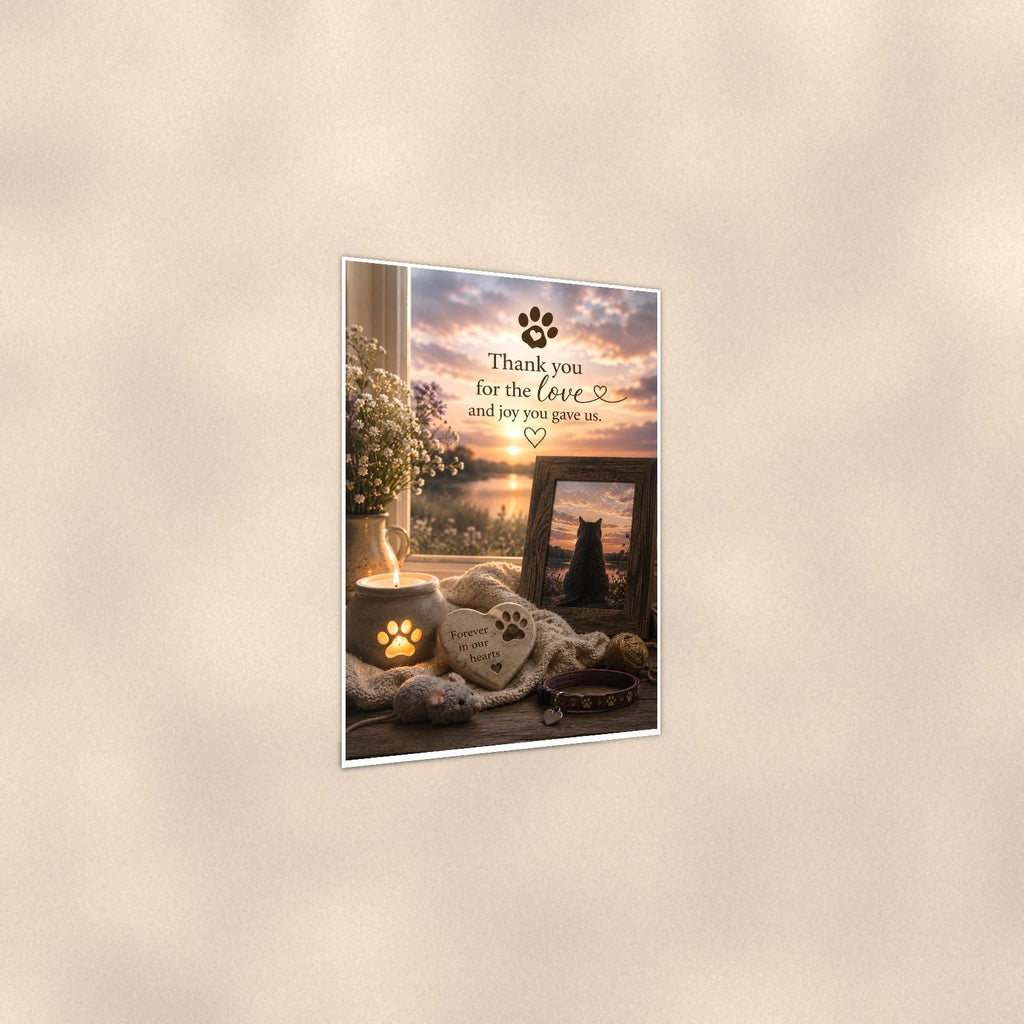 Cat memorial with framed sunset photo memorial art titled "Thank you for the love and joy you gave us" on a 24x36 inch luster poster print with a clean white border, shown at a three-quarter angle on the wall