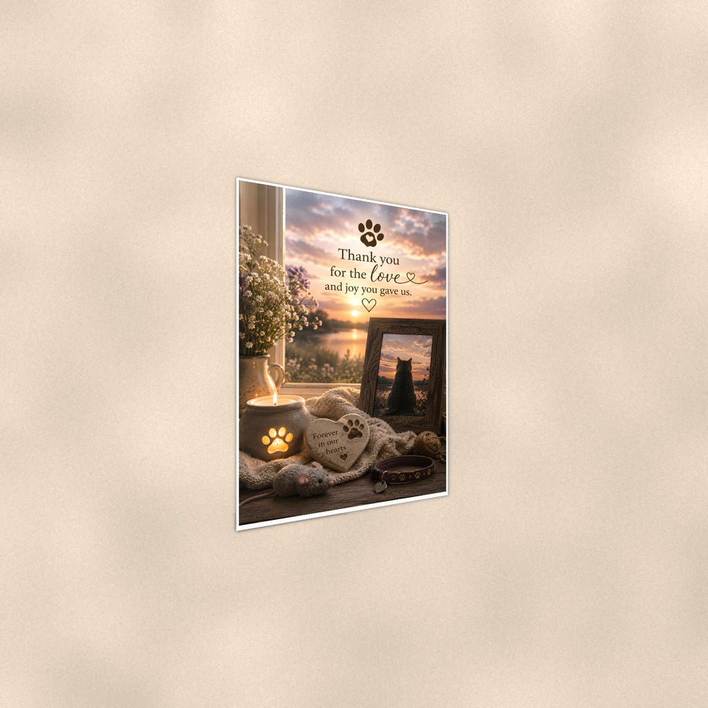 Cat memorial with framed sunset photo memorial art titled "Thank you for the love and joy you gave us" on a 24x36 inch luster poster print with a clean white border, shown at a gentle angle from the other side