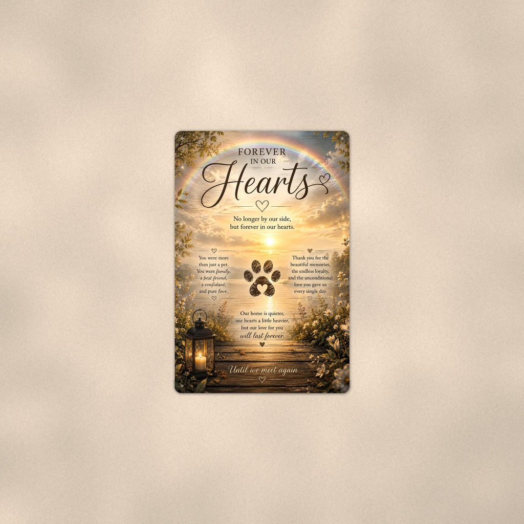 Rainbow over a sunset lake with a paw print memorial art titled "Forever In Our Hearts" on a 8x12 inch sublimated aluminum sign with rounded corners and mounting holes, shown at mid-distance centered on a warm wall