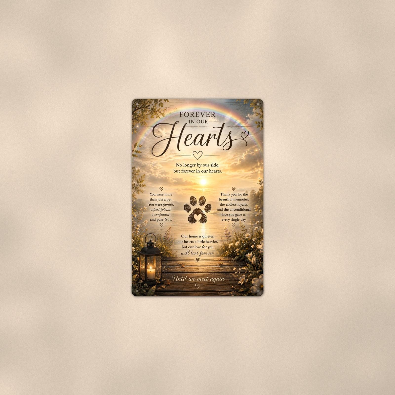 Rainbow over a sunset lake with a paw print memorial art titled "Forever In Our Hearts" on a 8x12 inch sublimated aluminum sign with rounded corners and mounting holes, shown at mid-distance centered on a warm wall