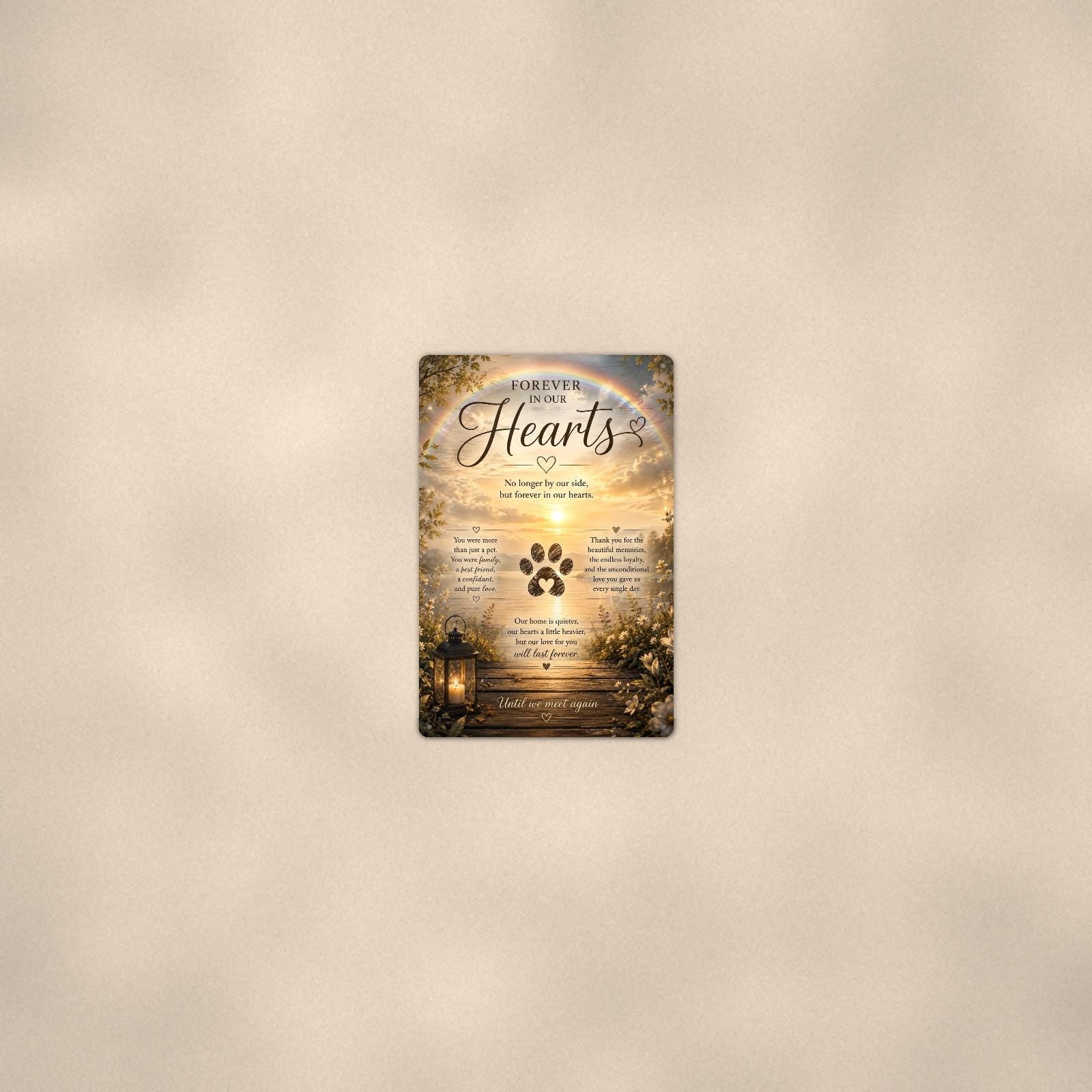 Rainbow over a sunset lake with a paw print memorial art titled "Forever In Our Hearts" on a 8x12 inch sublimated aluminum sign with rounded corners and mounting holes, seen from farther back, small on a softly lit wall
