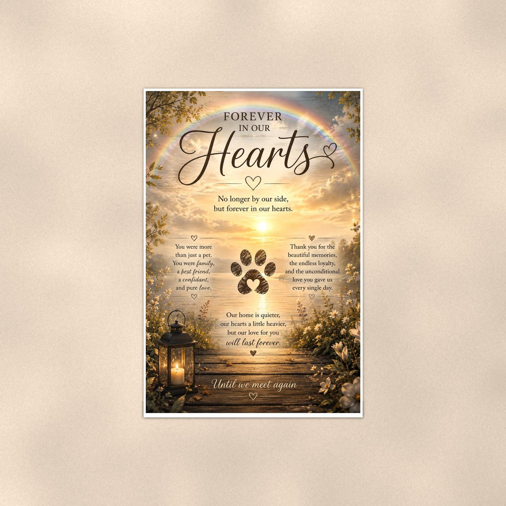 Rainbow over a sunset lake with a paw print memorial art titled "Forever In Our Hearts" on a 24x36 inch luster poster print with a clean white border, shown straight on against a warm neutral wall