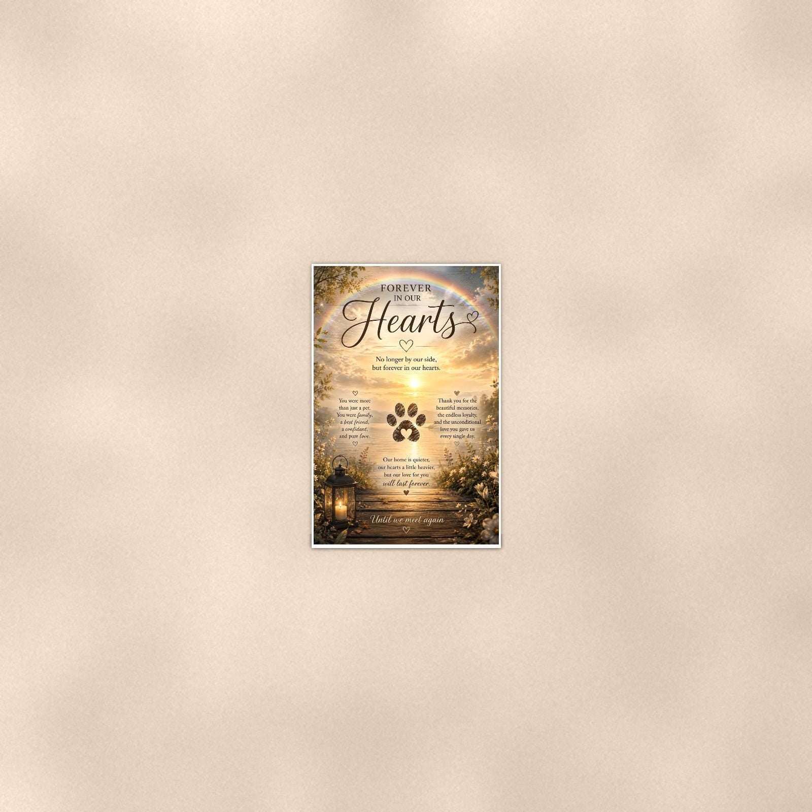 Rainbow over a sunset lake with a paw print memorial art titled "Forever In Our Hearts" on a 24x36 inch luster poster print with a clean white border, seen from farther back, small on a softly lit wall