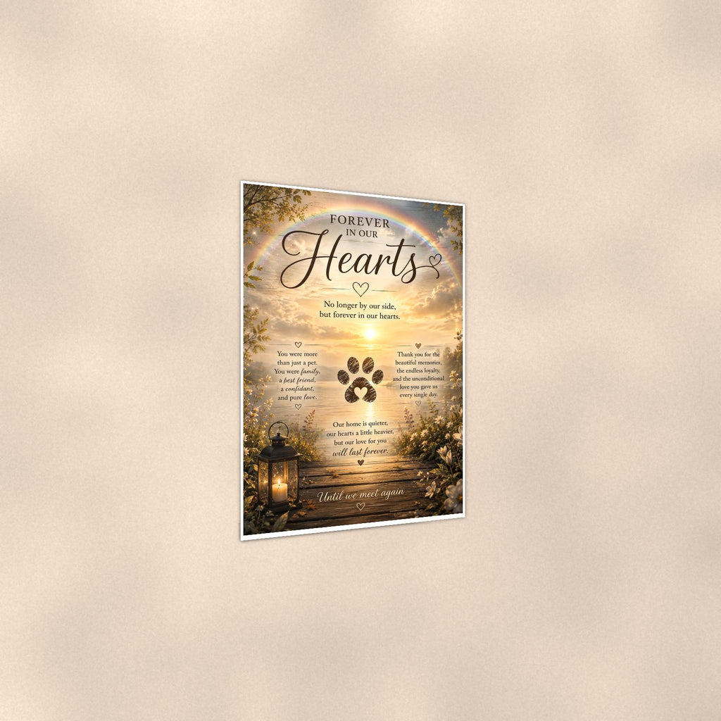 Rainbow over a sunset lake with a paw print memorial art titled "Forever In Our Hearts" on a 24x36 inch luster poster print with a clean white border, shown at a three-quarter angle on the wall