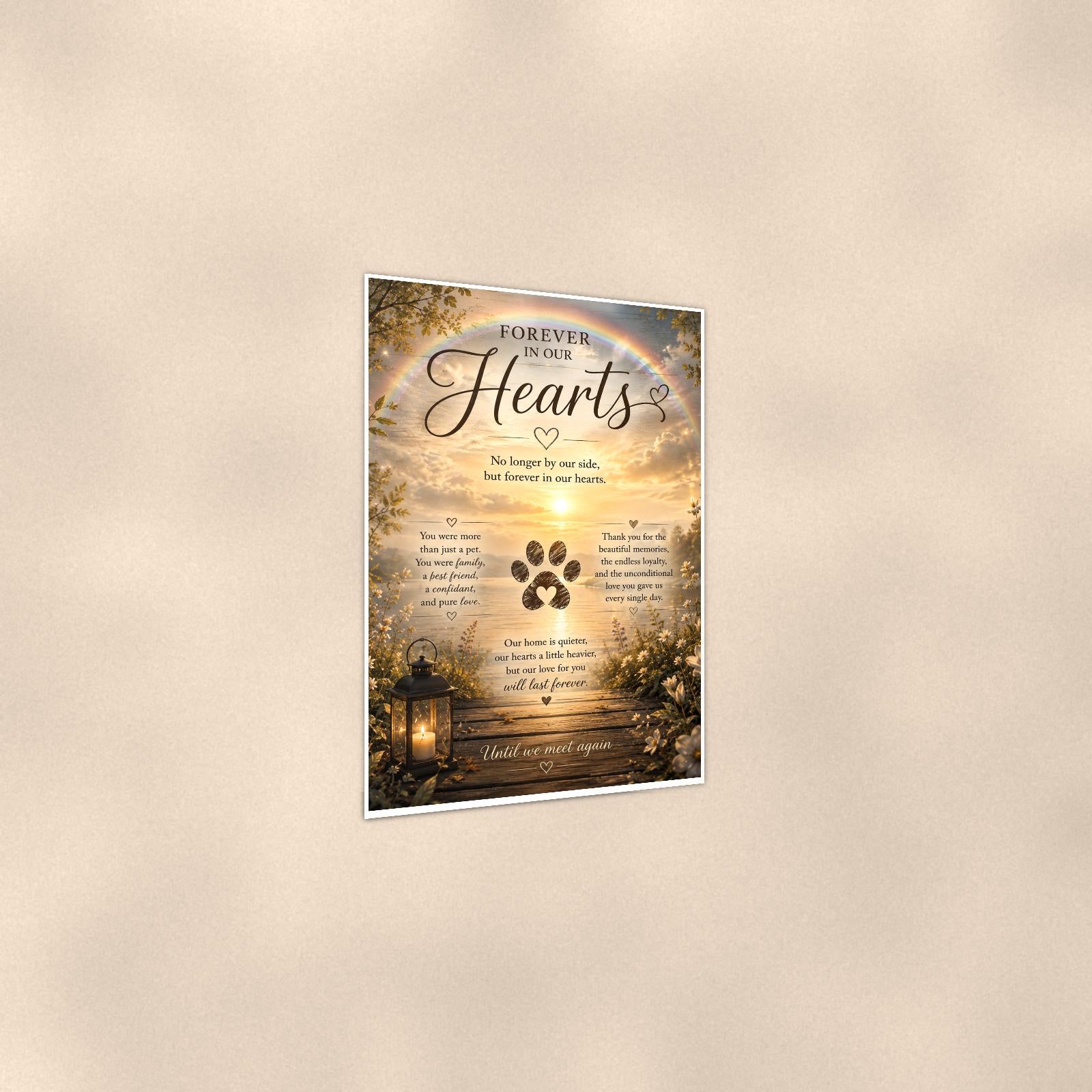 Rainbow over a sunset lake with a paw print memorial art titled "Forever In Our Hearts" on a 24x36 inch luster poster print with a clean white border, shown at a three-quarter angle on the wall