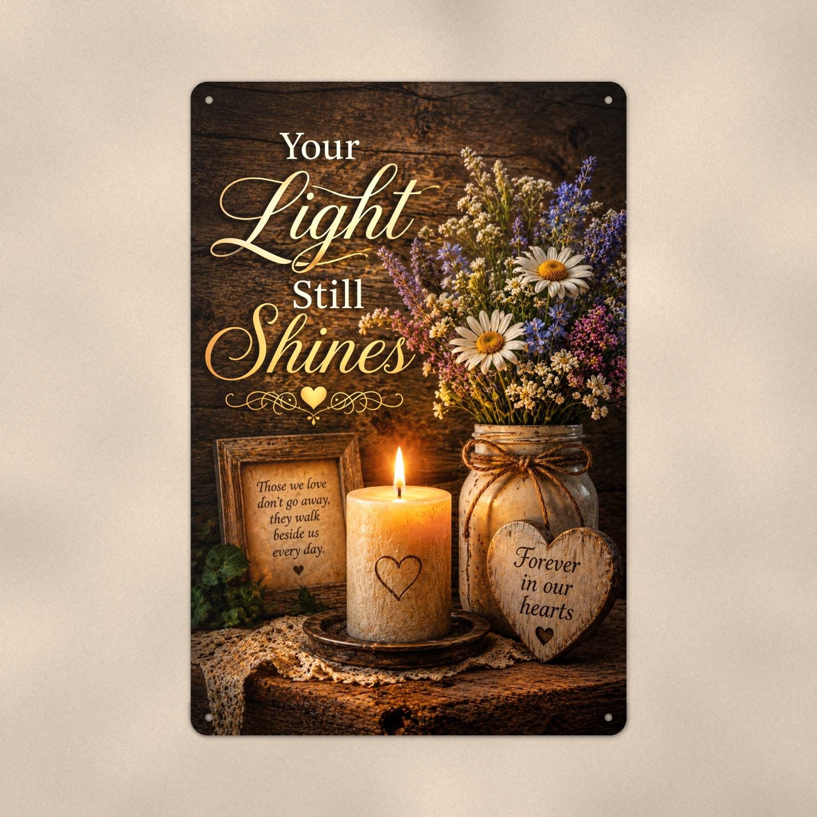 Candlelight remembrance still life memorial art titled "Your Light Still Shines" on a 8x12 inch sublimated aluminum sign with rounded corners and mounting holes, close-up view filling the frame, showing the smooth sublimated print surface
