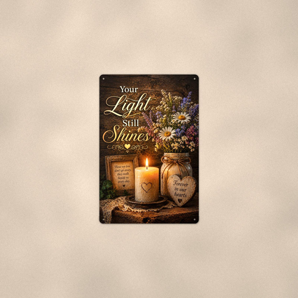 Candlelight remembrance still life memorial art titled "Your Light Still Shines" on a 8x12 inch sublimated aluminum sign with rounded corners and mounting holes, shown at mid-distance centered on a warm wall