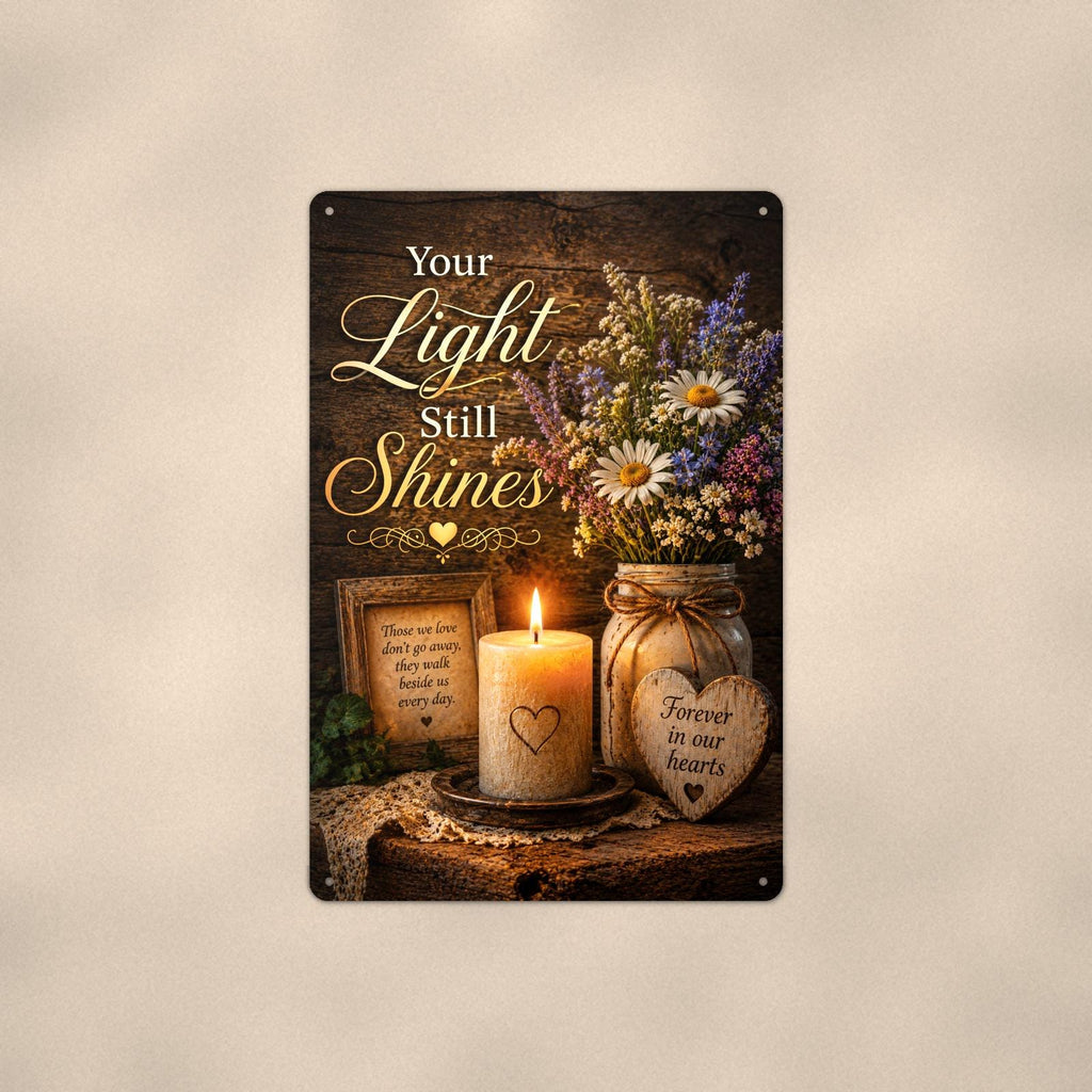Candlelight remembrance still life memorial art titled "Your Light Still Shines" on a 8x12 inch sublimated aluminum sign with rounded corners and mounting holes, shown straight on against a second warm wall tone