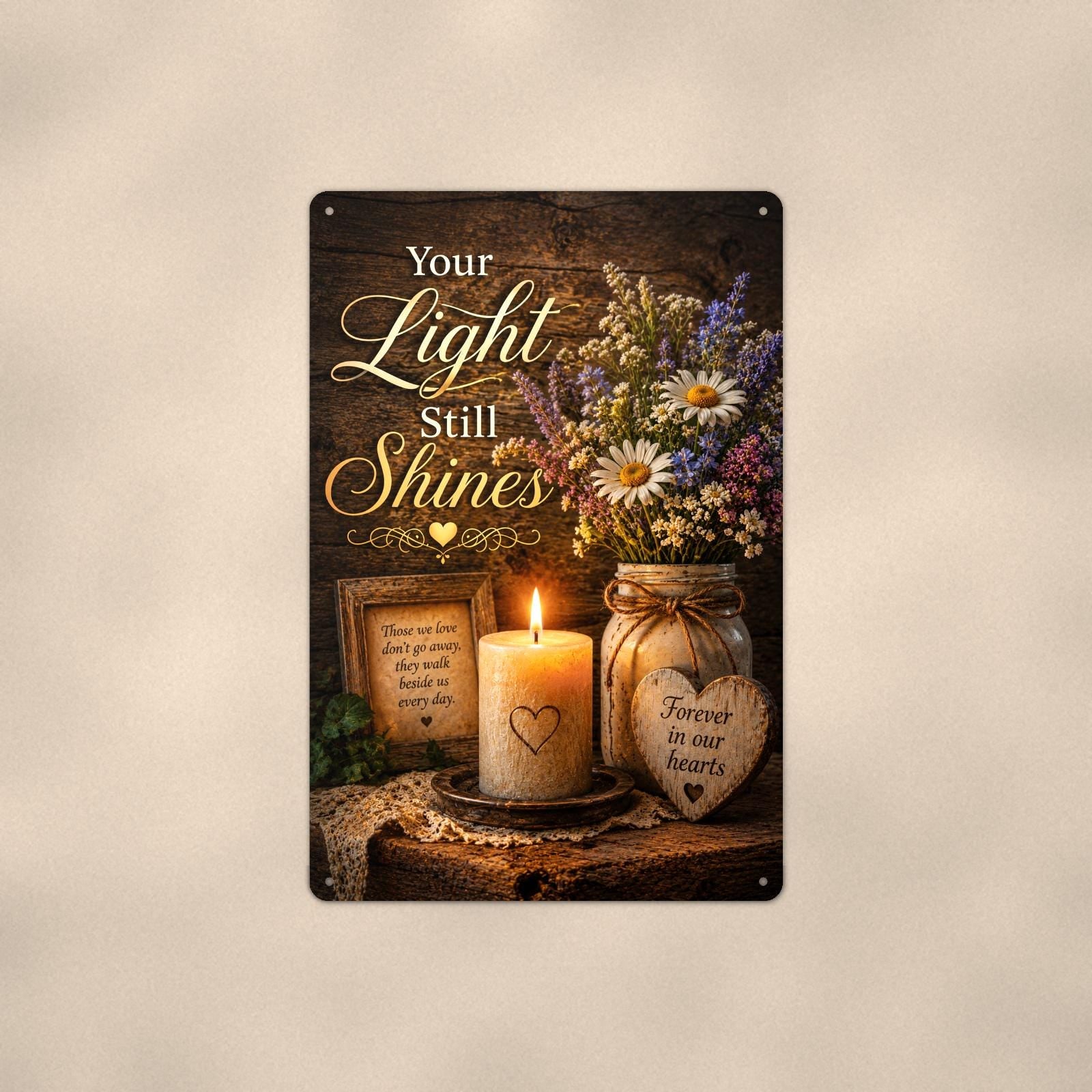 Candlelight remembrance still life memorial art titled "Your Light Still Shines" on a 8x12 inch sublimated aluminum sign with rounded corners and mounting holes, shown straight on against a second warm wall tone