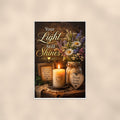 Candlelight remembrance still life memorial art titled "Your Light Still Shines" on a 24x36 inch luster poster print with a clean white border, shown straight on against a warm neutral wall