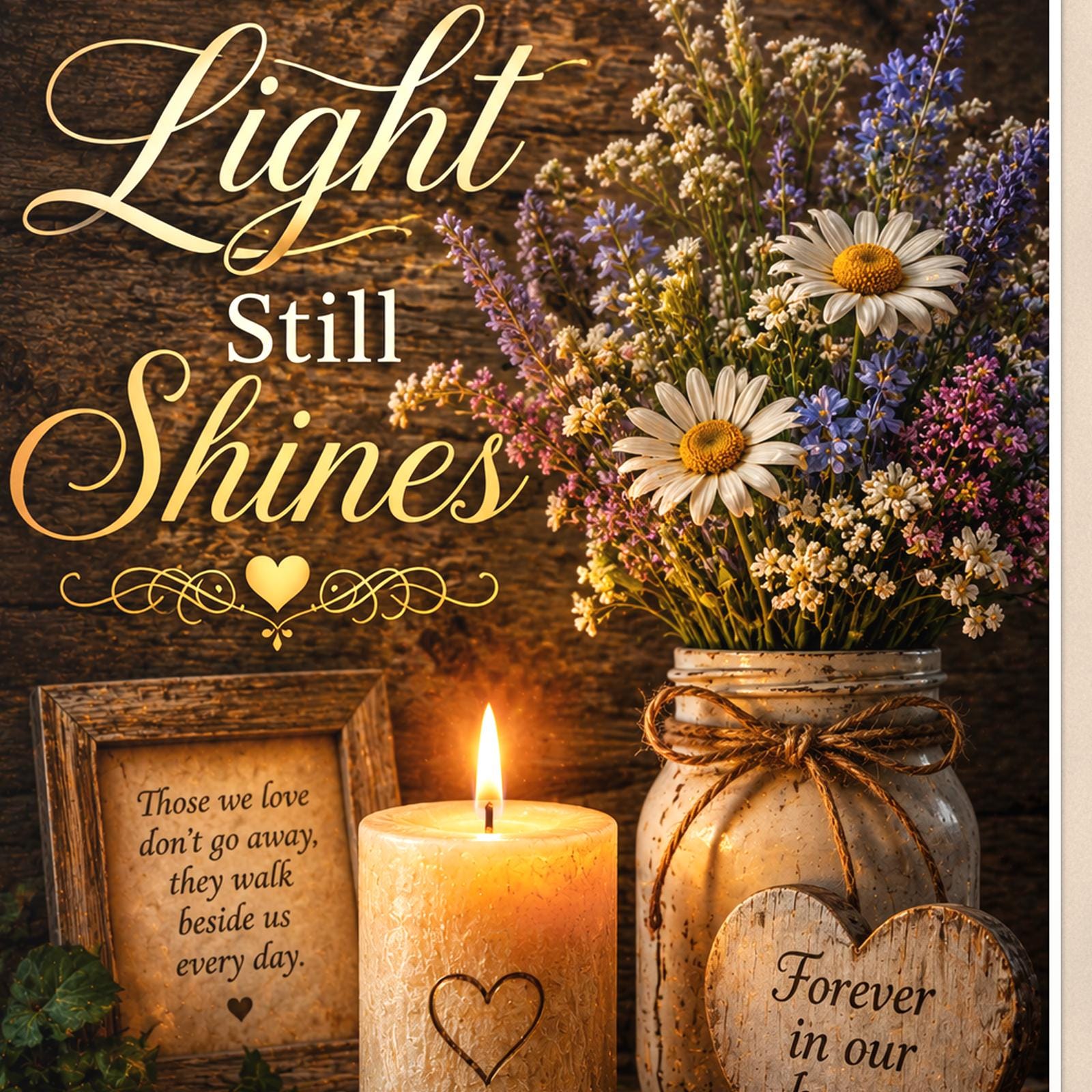 Candlelight remembrance still life memorial art titled "Your Light Still Shines" on a 24x36 inch luster poster print with a clean white border, close-up detail of the print filling the frame
