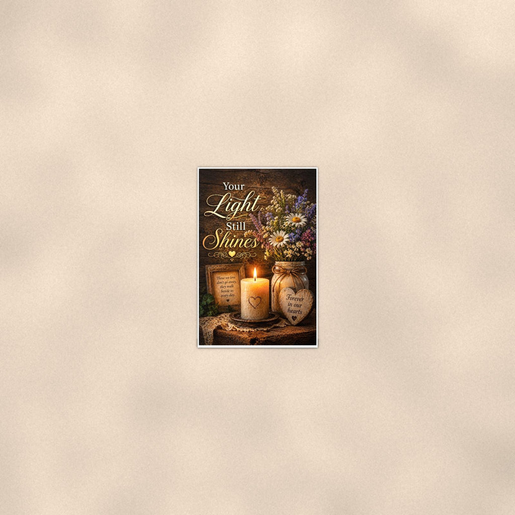 Candlelight remembrance still life memorial art titled "Your Light Still Shines" on a 24x36 inch luster poster print with a clean white border, seen from farther back, small on a softly lit wall