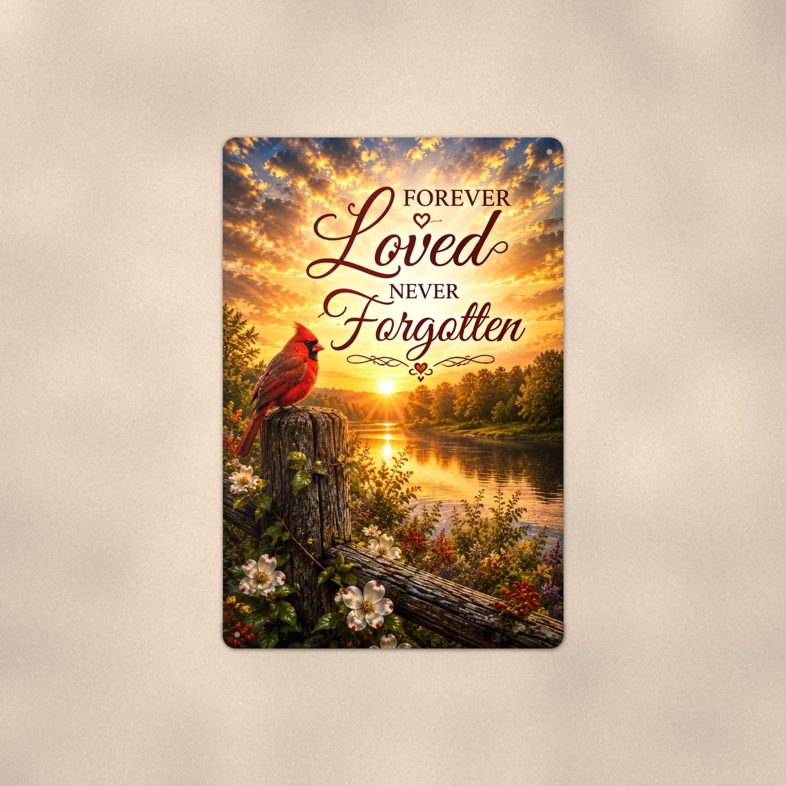 Cardinal at sunrise over the river memorial art titled "Forever Loved Never Forgotten" on a 8x12 inch sublimated aluminum sign with rounded corners and mounting holes, shown straight on against a warm neutral wall