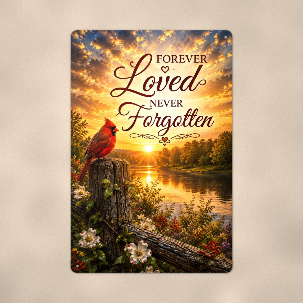 Cardinal at sunrise over the river memorial art titled "Forever Loved Never Forgotten" on a 8x12 inch sublimated aluminum sign with rounded corners and mounting holes, close-up view filling the frame, showing the smooth sublimated print surface